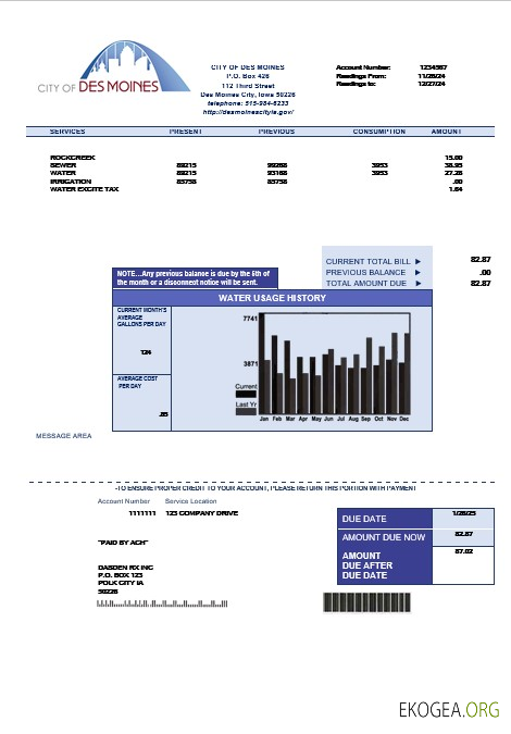 Modèle de facture de services publics de l'eau des États Unis, Iowa, ville de Des Moines, aux formats Word et PDF